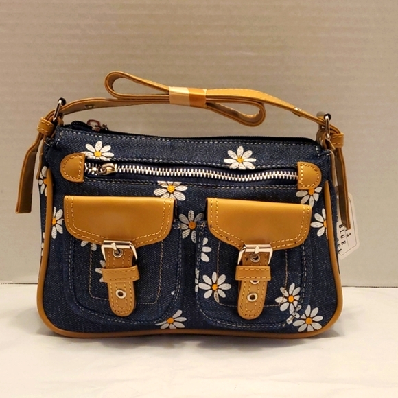 Unbranded Handbags - Floral Denim Shoulder Bag with Tan Accents
